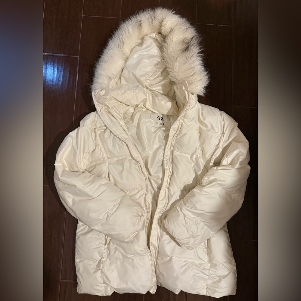 Zara Ivory Puffer Coat with Faux Fur Trimmed Hood